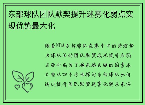 东部球队团队默契提升迷雾化弱点实现优势最大化