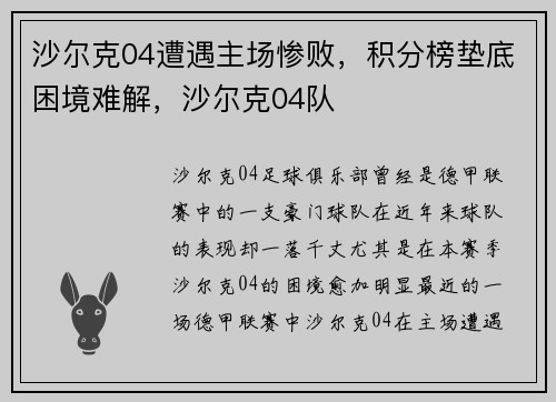 沙尔克04遭遇主场惨败，积分榜垫底困境难解，沙尔克04队