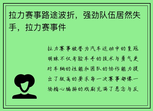 拉力赛事路途波折，强劲队伍居然失手，拉力赛事件