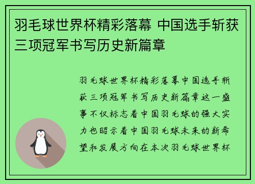 羽毛球世界杯精彩落幕 中国选手斩获三项冠军书写历史新篇章